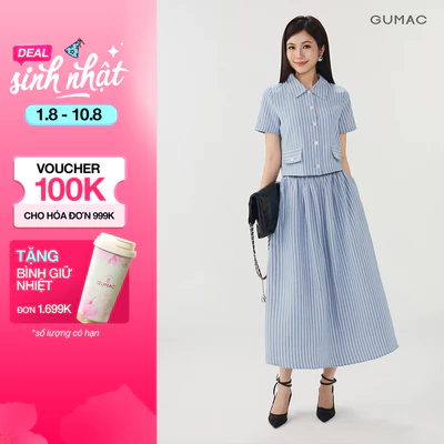 [VOUCHER 25%] Set lẻ Áo Kiểu Nữ GUMAC Kẻ Sọc AG06004 - Chân Váy Nữ GUMAC A Xòe Nhún Hai Lớp Thanh Lịch VG06003