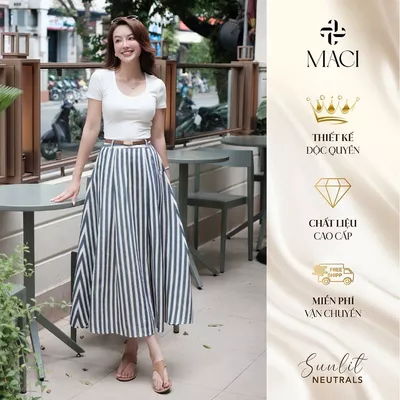 Chân Váy Kẻ Xanh Xếp Li Xoè Chất Thô Cotton Hàn MACI MCVCVKE0377 Thời Trang Nữ Thiết Kế Độc Quyền
