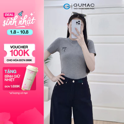 Áo thun nữ GUMAC form slim tay ngắn cổ tròn bo viền phía trước thêu nơ LATF0624
