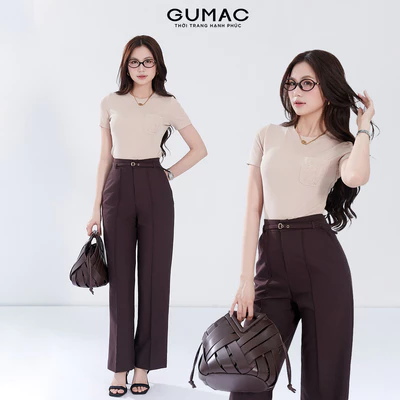Áo thun nữ GUMAC kiểu ôm thêu hoa trên túi cổ tròn vải thun gân mềm mịn co giãn  ATF05009