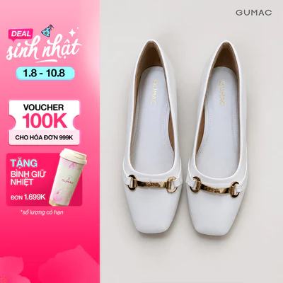 Giày Cao Gót Nữ GUMAC Gót Vuông 4cm Êm Chân Da PU Trắng Khóa Kim Loại Sang Trọng GG08101
