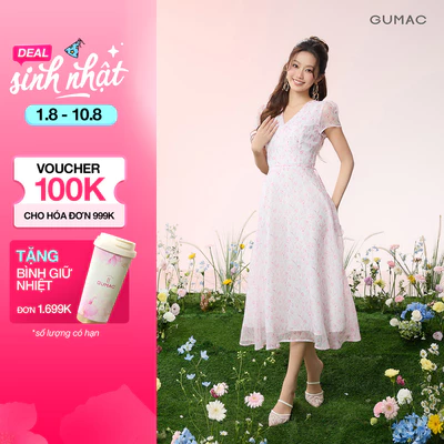 [VOUCHER 25%] Đầm Nữ GUMAC Form A Xòe Họa Tiết Hoa Hai Lớp Cột Eo Màu Hồng Nữ Tính Thanh Lịch Đi Làm Đi Tiệc DG07052