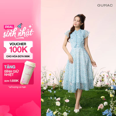 Đầm Nữ GUMAC Cổ Trụ Phối Cổ Tròn Bèo Thân Trước Mềm Mại Nút Bọc Sang Trọng Điểm Nhấn Tinh Tế DG06047