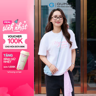 Áo thun Gmorning - GUMAC tay ngắn gấp lai thêu chữ phía trước YATF12061