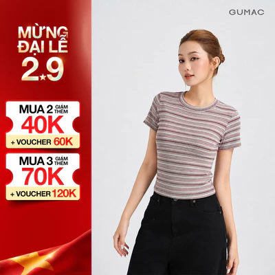 Áo Thun Nữ GUMAC Form Ôm Slim Cổ Tròn Tay Ngắn Chất Thun Sọc Mịn Co Giãn Thoải Mái LATG05051
