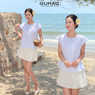 Áo Kiểu Nữ Gmorning - GUMAC Tay Cánh Tiên Nhún Vai Nhẹ Cổ Tim Thắt Nơ Nữ Tính YAG04081