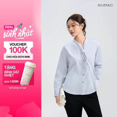 Áo Sơ Mi Nữ GUMAC Form Suông Phối Sọc Chéo Tay Dài Phối Bản Tay Tinh Tế AG05001