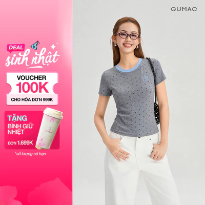 Áo Thun Nữ Gmorning - GUMAC Chấm Bi Form Ôm Ngắn Thêu Logo GMOR Cổ Bo Phối Màu Trẻ Trung Hiện Đại YATG07054