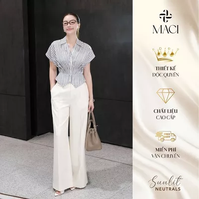 Áo Sơ Mi Kẻ Xanh Bò Chiết Eo Tay Dơi Chất Cotton Kate Thoáng Mát MACI MCASMKE0352 Thời Trang Nữ