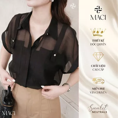 Áo Sơ Mi Tơ Tằm Đen Kèm Áo Thun Hai Dây MACI MCASMDE0161 Thời Trang Nữ Thiết Kế Độc Quyền