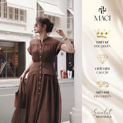 Đầm Tơ Nâu Choco 2 Lớp Khuy Khảm Trai MACI MCVVANA0369 Thời Trang Nữ Thiết Kế Độc Quyền