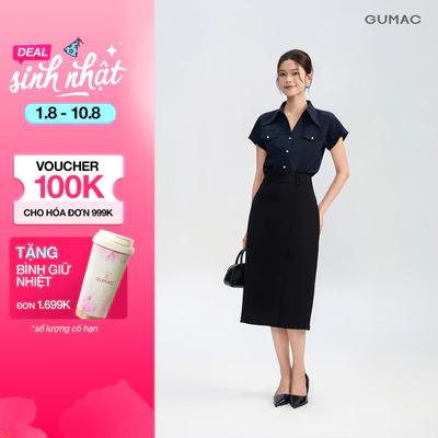 Chân Váy Nữ GUMAC Form Suông Xẻ Tà Túi Kiểu Vải Cotton Chéo Hiện Đại VG05030