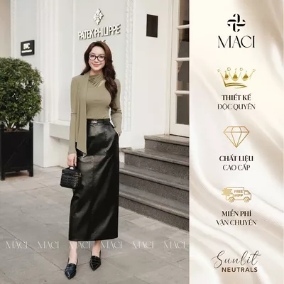 Chân Váy Da Đen Dáng Suông Dài Đỉa Liền Túi MACI MCQQANA0232 Thời Trang Nữ Thiết Kế Độc Quyền
