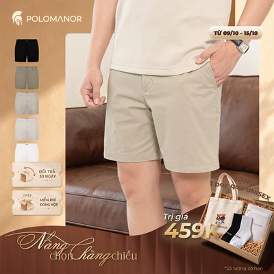 Quần short nam ngắn POLOMANOR vải kaki xuất xịn, lưng đai thun, co giãn 2 chiều, chuẩn form