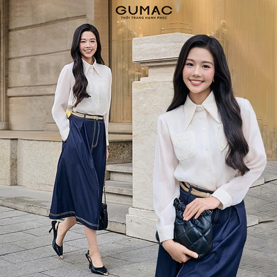 Áo sơ mi GUMAC form suông có phối ren ở túi trước áo may hai lớp  AF12026