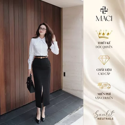 Chân Váy Xẻ Tà Đen Nâu Tây MACI MCVCVDE0040 MCVCVNA0034 Thời Trang Nữ Thiết Kế Độc Quyền