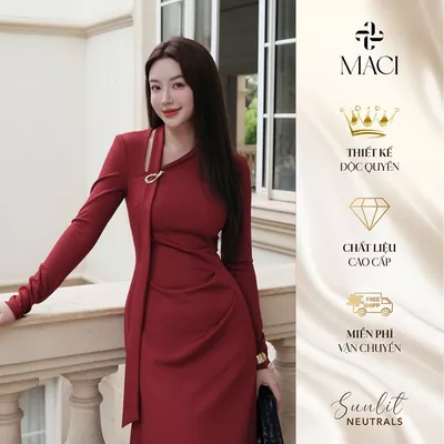Đầm Dài Đỏ Đô Thiết Kế Cổ Vạt Cách Điệu Chất Thun Dạ Co Dãn Nhẹ MACI MCVVADO0206 Thời Trang Nữ Thiết Kế Độc Quyền