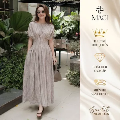 Đầm Dài Chiết Eo Tay Dơi Rút Dây Điều Chỉnh Chất Linen Kẻ MACI MCVVAKE0382 Thời Trang Nữ Thiết Kế
