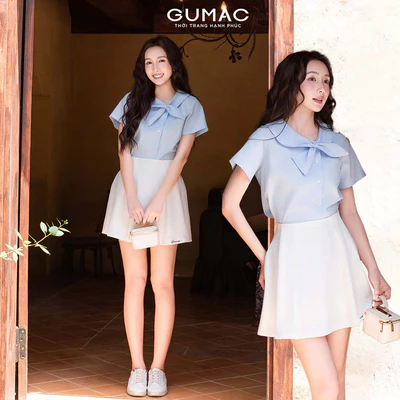 Áo Kiểu Nữ Gmorning - GUMAC Áo Sơ Mi Dáng Lửng Tay Ngắn Chất Kate Cổ Cách Điệu Thắt Nơ YAG04080