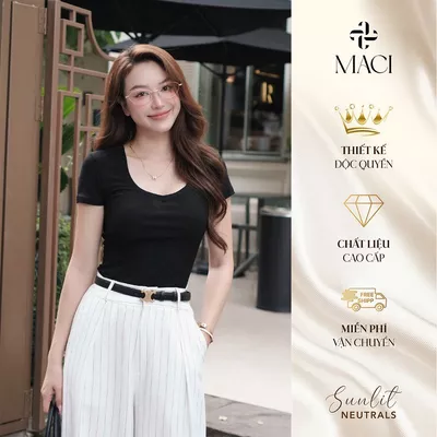 Áo Thun Tăm Hàn Cổ Tim Tròn Basic Đen Trắng Kẻ MACI MCAATDE0370 Thời Trang Nữ Thiết Kế