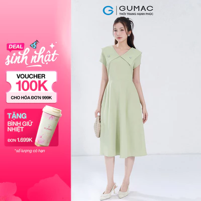 Đầm Nữ Form A GUMAC Cổ V Đính Phụ Kiện Chất Chéo Nhật Thanh Lịch DF07048