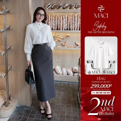 Chân Váy Midi Diễu Túi Màu Ghi Xám Chất Chéo Thái MACI MCVCVGH0314 Thời Trang Nữ Thiết Kế Độc Quyền