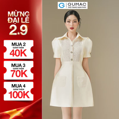 [SALE] Đầm Nữ Form A GUMAC 2 Túi Ốp Phối Ren Tay Ngắn Phồng Đính Nút Sang Trọng DE06015