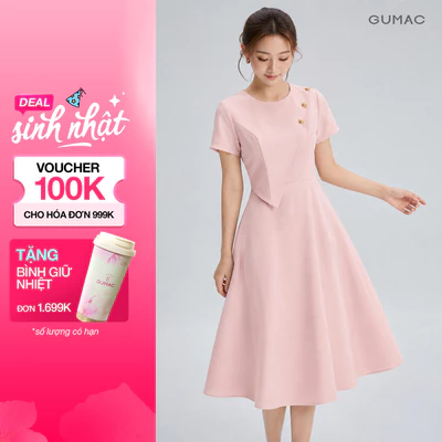 Đầm Nữ Dáng A GUMAC Có Phối Bản Phía Trước Kiểu Đính Phụ Kiện Kim Loại Có Túi Sườn DG07049