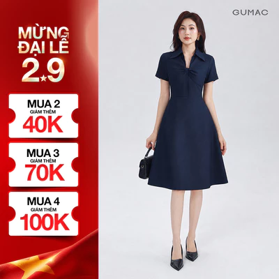 Đầm Nữ GUMAC Form A Cổ Tim Có Lá Cổ Sơ Mi Tay Ngắn Hai Lớp Có Hai Túi Sườn DF08037