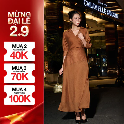 Đầm GUMAC form A xòe tay lỡ xếp eo đầm may hai lớp không có túi DF12065