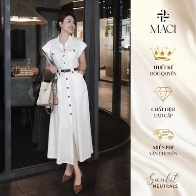 Váy Sơ Mi Linen Tay Lơ Vê Khuy Sừng Kèm Đai Màu Trắng Tiêu MACI MCVVATR0335 Thời Trang Nữ Thiết Kế