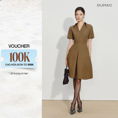 Đầm Nữ GUMAC Form A Cổ Chữ V Có Lá Cổ Tay Ngắn Hai Lớp Có Túi Xéo Công Sở Sang Trọng DG08033