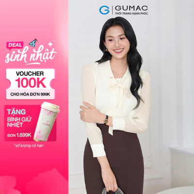 Áo sơ mi nữ GUMAC tay dài phối dây nơ cổ nữ GUMAC tính vải voan xốp 2 lớp công sở AF04016