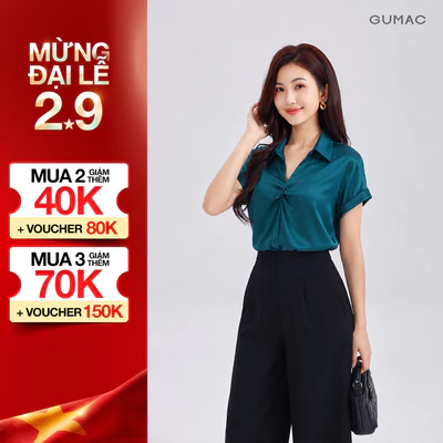 Áo Sơ Mi Nữ GUMAC Tay Ngắn Xoắn Ngực Chất Lụa Mềm Mát Thoải Mái Cả Ngày LAG05074