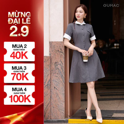 Đầm Nữ GUMAC Dáng A Tay Ngắn Cổ Sơ Mi Phối Trắng Thanh Lịch Hiện Đại DF09021