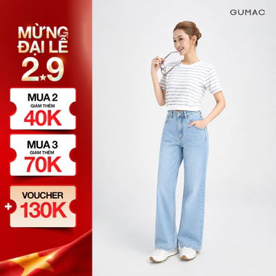 Quần Jeans Suông Nữ Gmorning - GUMAC Dài 95cm Denim Thêu Gmor Xanh Nhạt Tôn Dáng YQJE10080