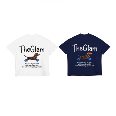 TheGlam CHÍNH HÃNG - Áo Thun Boxy UNISEX "Lucky Dachshund" Màu Trắng/Xanh Navy - TS07-03