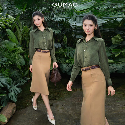 Chân váy nữ GUMAC A thêu túi cắt lazer vải bố dày dặn mềm thoải mái  VF05025