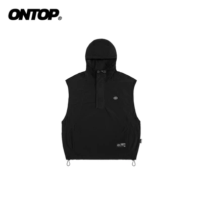 Áo khoác gile vải dù nhăn 2 lớp ONTOP màu đen có mũ kèm dây rút Nomad Hooded Vest | O-AK9