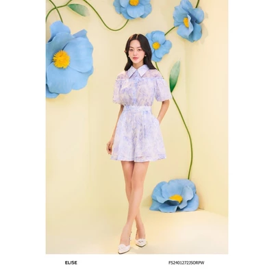 Jumpsuit ngắn tơ trắng hoa xanh thiết kế Elise mã sản phẩm FS2401272JSORPW