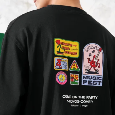 Long Sleeve Graphic Tee - Love, Peace & Music - Jet Black