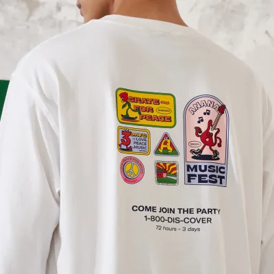 Long Sleeve Graphic Tee - Love, Peace & Music - White