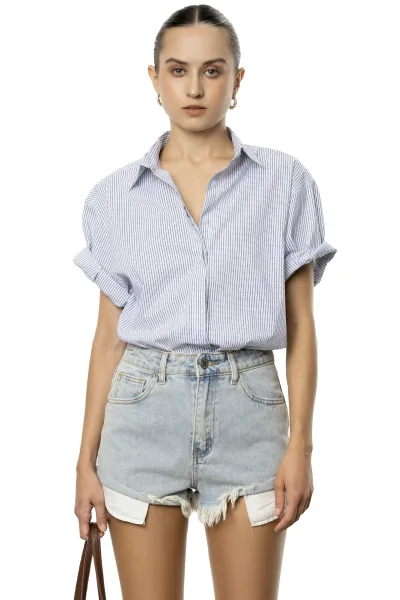 MIKA SHIRT - WHITE AND NAVY STRIPE