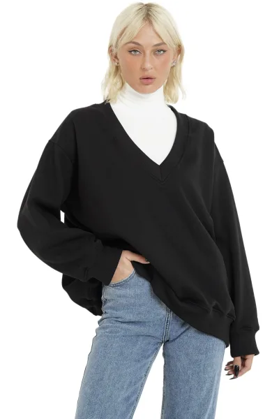 V NECK SWEATSHIRT - BLACK