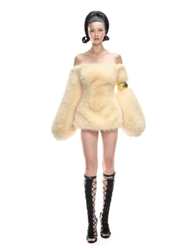YELLOW BARDOT FAUX FUR DRESS