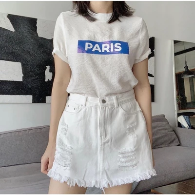 COCOSIN - Áo Lụa Trắng In Paris Xanh