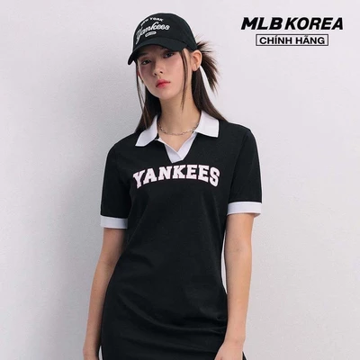 MLB - Đầm polo nữ cổ bẻ tay ngắn mini Varsity Lettering Piqué_3FOPV0143-50BKS