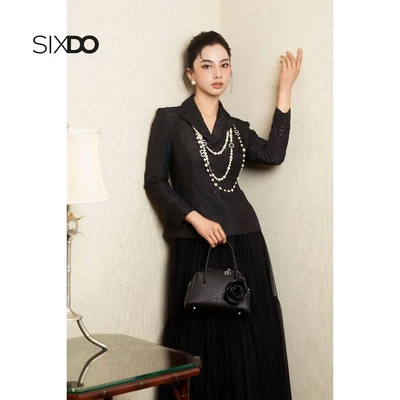 Áo vest nữ gấm đen dài tay SIXDO (Black Long Sleeves Brocade Vest)