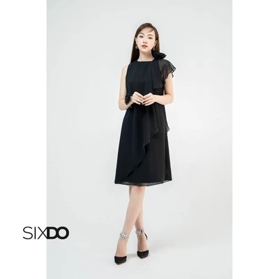 Đầm voan đen dáng suông phối hoa vai SIXDO (Black Round Neck Midi Voile Dress)