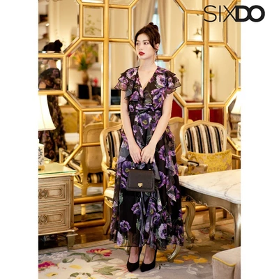 Đầm maxi voan hoa poppy tím SIXDO (Black Poppy Midi Voile Dress)